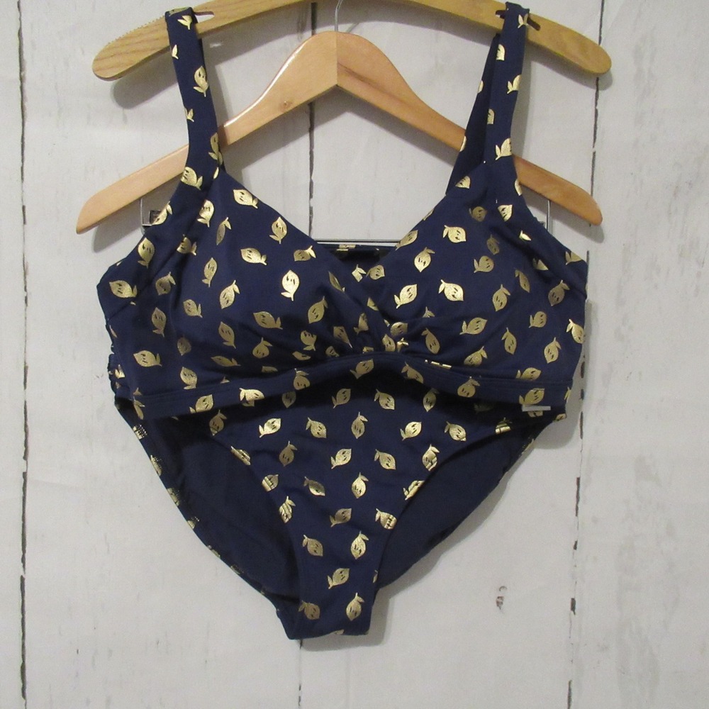 Boden Amalfi Bikini Set 10 12 L Rash Guard Blue Gold Lemon Print Foldover